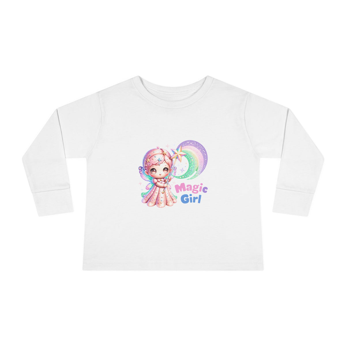 Magic Girl Toddler Long Sleeve Tee — Pastel Rainbow Unicorn Wand Design