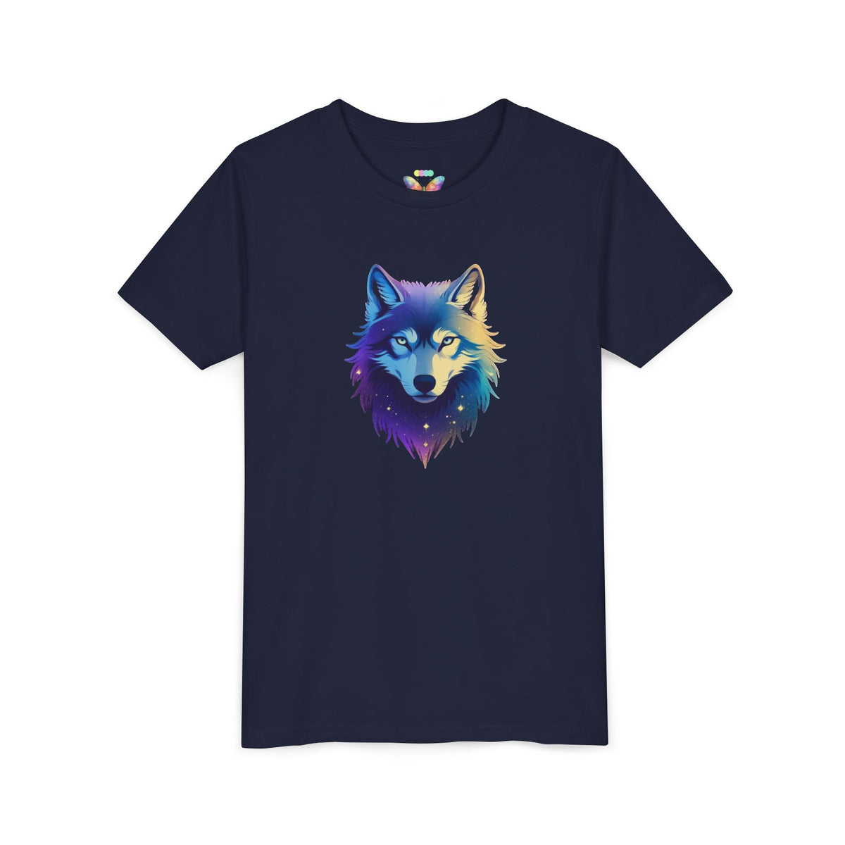 Youth Wolf Graphic Tee — Colorful Cosmic Wolf Head Shirt