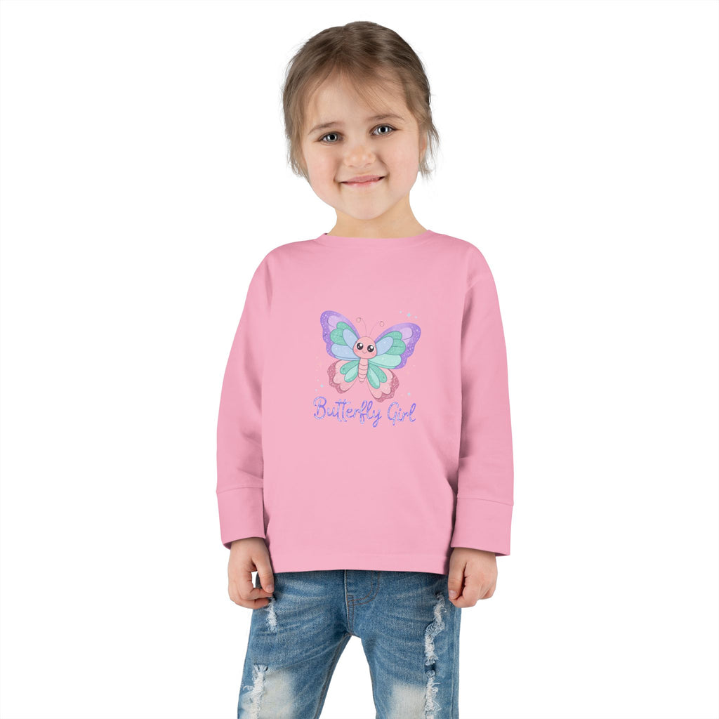 Butterfly Girl Toddler Long Sleeve Tee – Pastel Butterfly Graphic for Little Girls