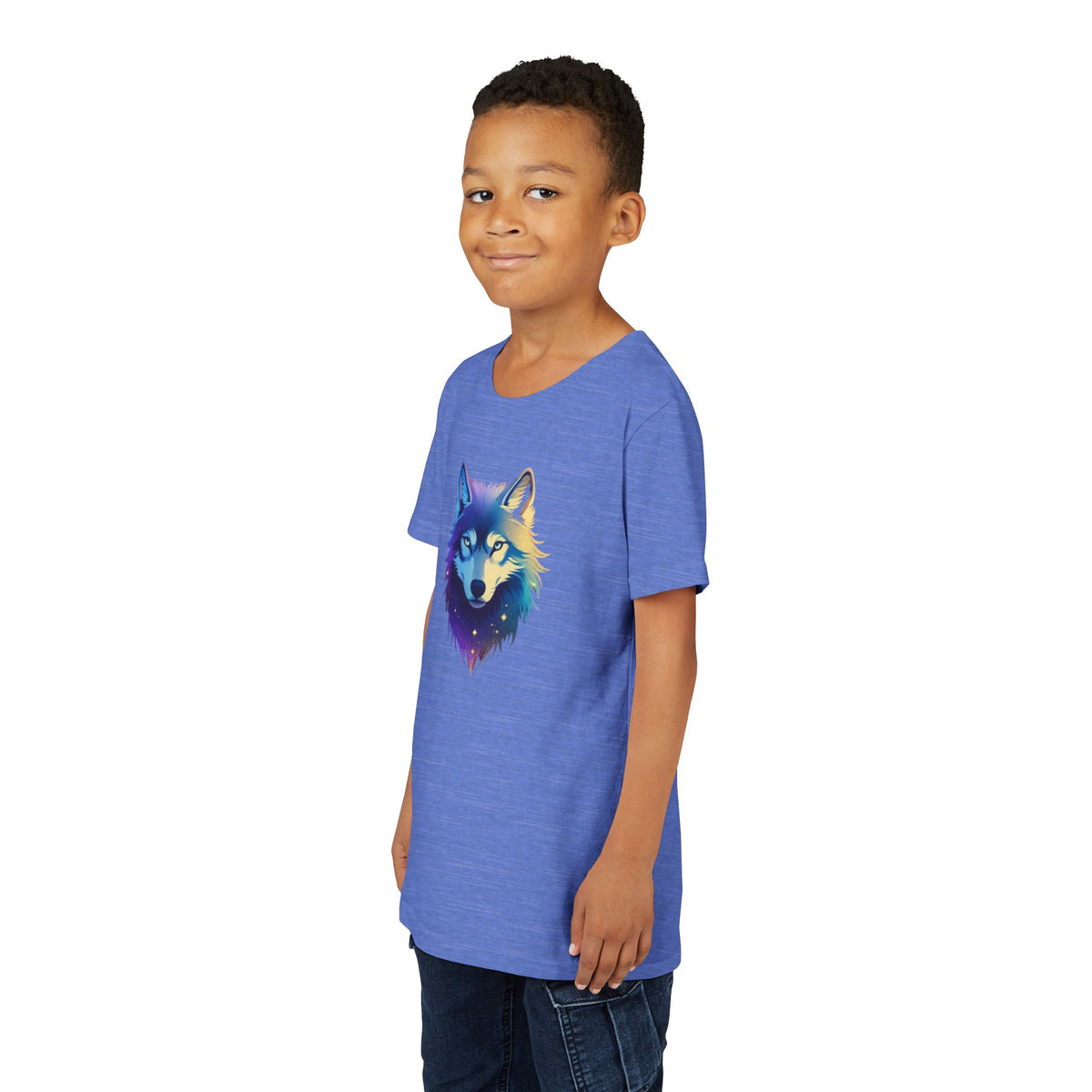 Youth Wolf Graphic Tee — Colorful Cosmic Wolf Head Shirt