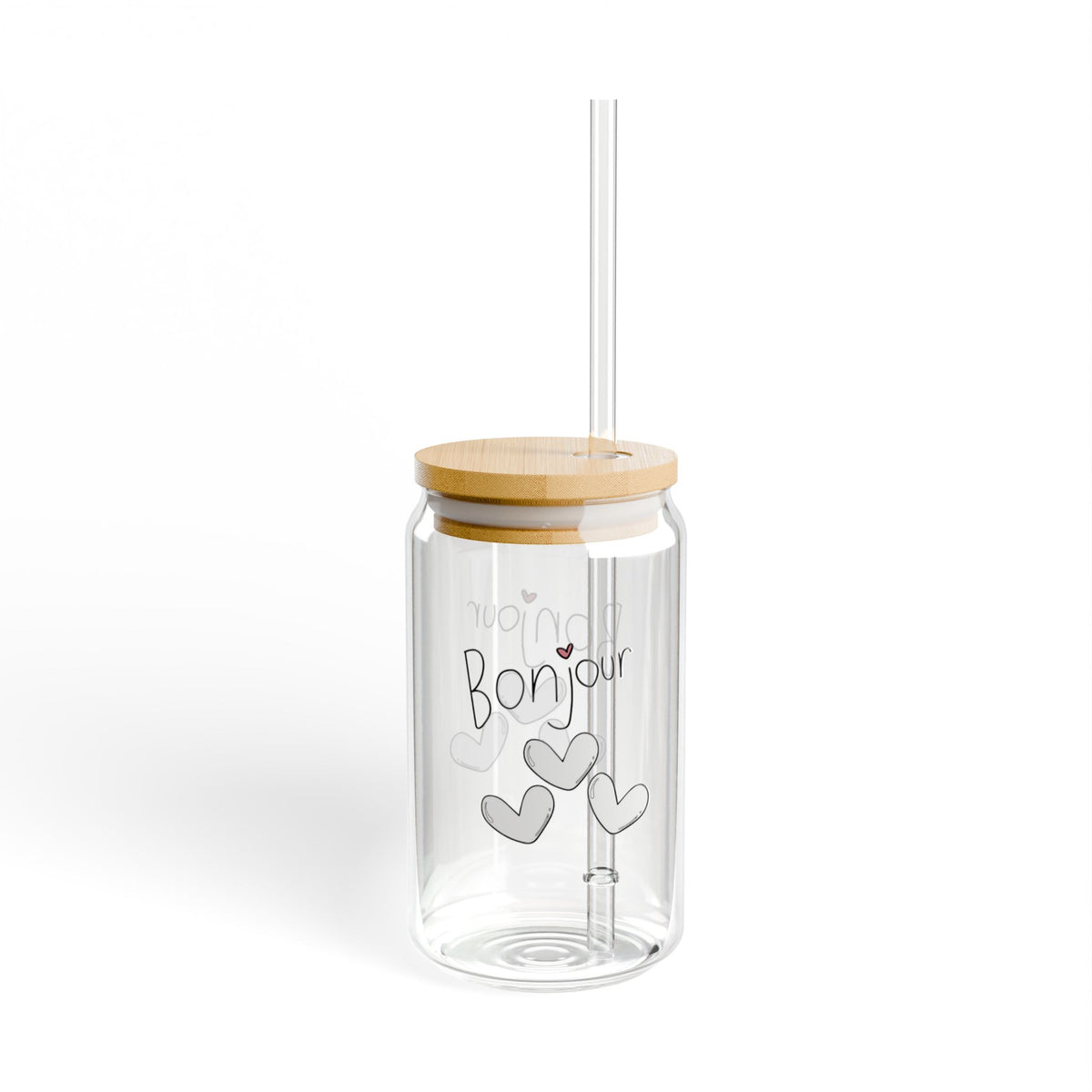 Bonjour Hearts Sipper Glass — 16oz Bamboo Lid Straw Tumbler