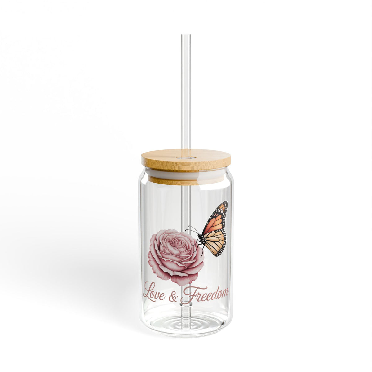 16oz Sipper Glass - 'Love & Freedom' Rose with Butterfly Travel Tumbler