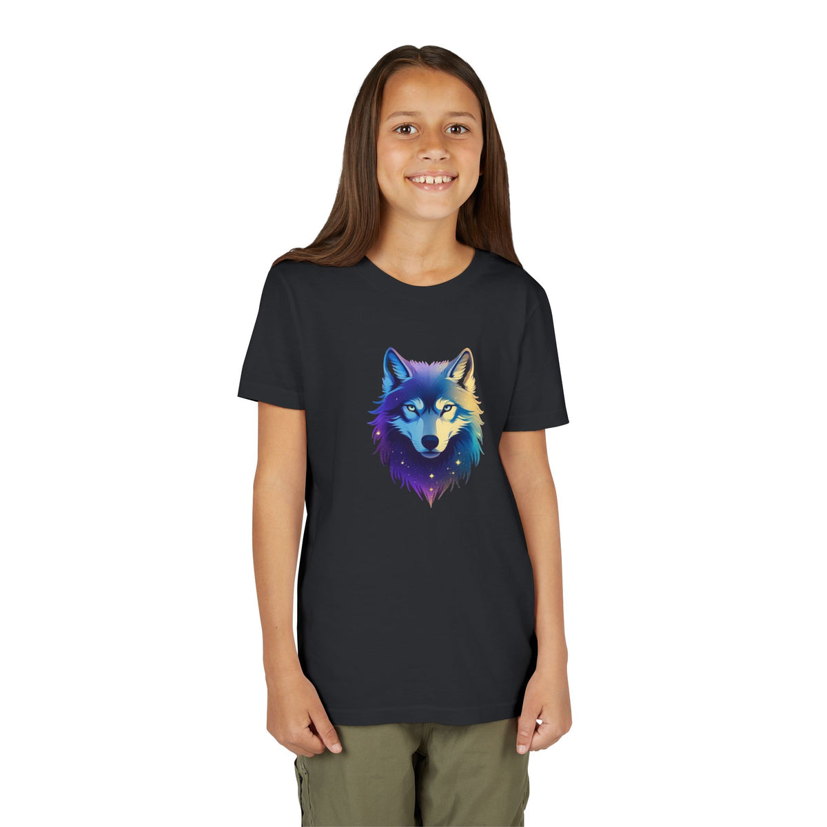 Youth Wolf Graphic Tee — Colorful Cosmic Wolf Head Shirt