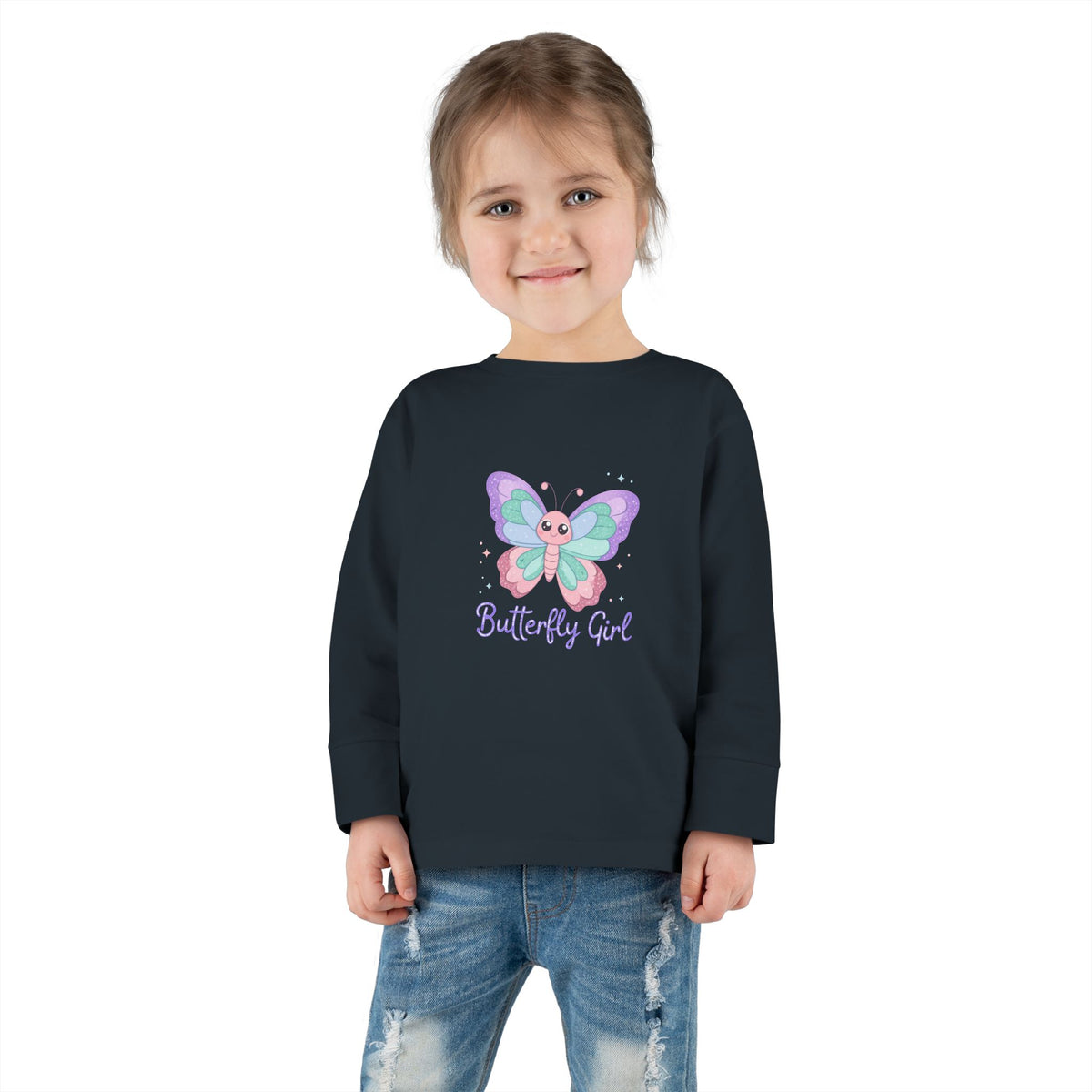 Butterfly Girl Toddler Long Sleeve Tee – Pastel Butterfly Graphic for Little Girls