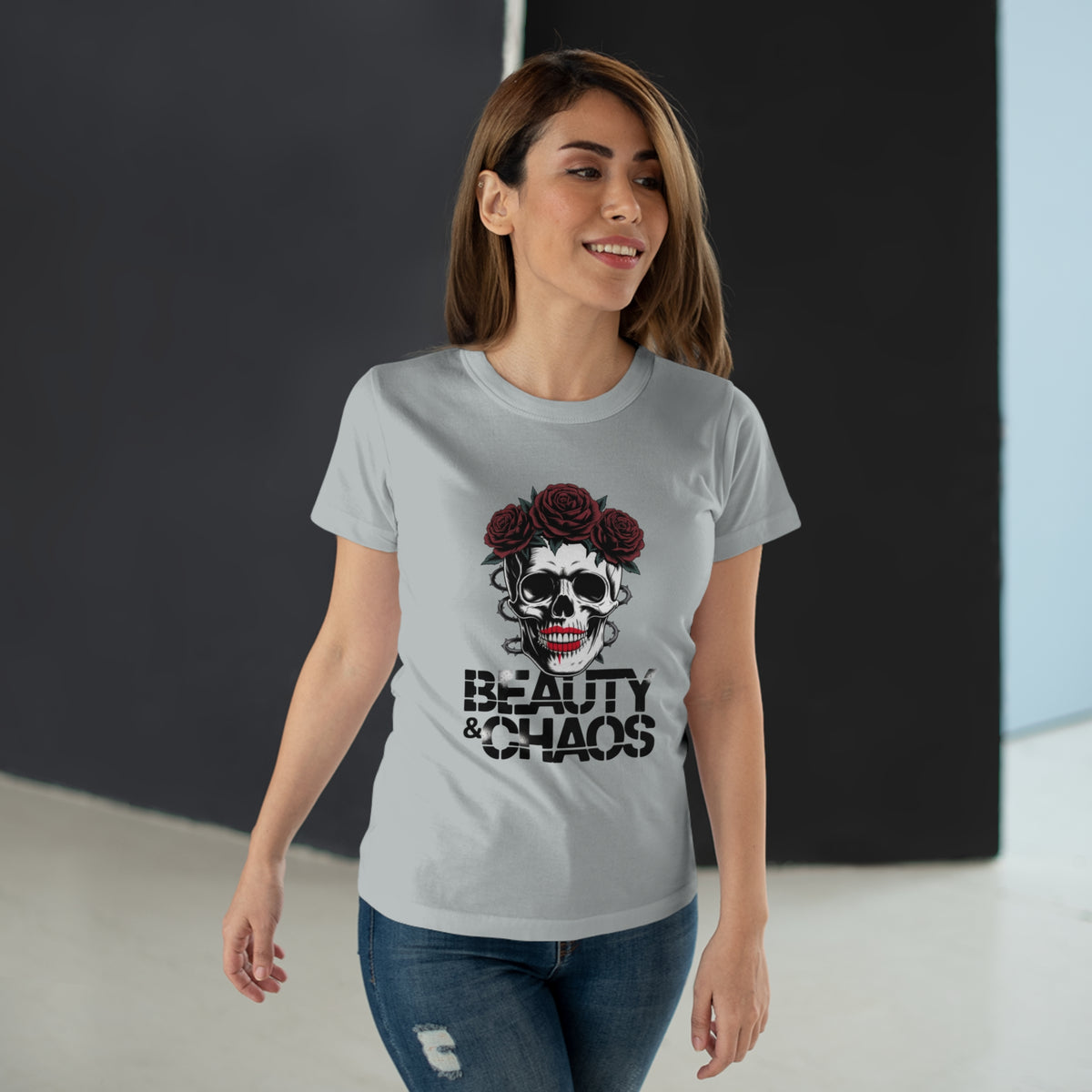 Beauty & Chaos Skull Tee — Floral Rose Skull Women’s T-Shirt