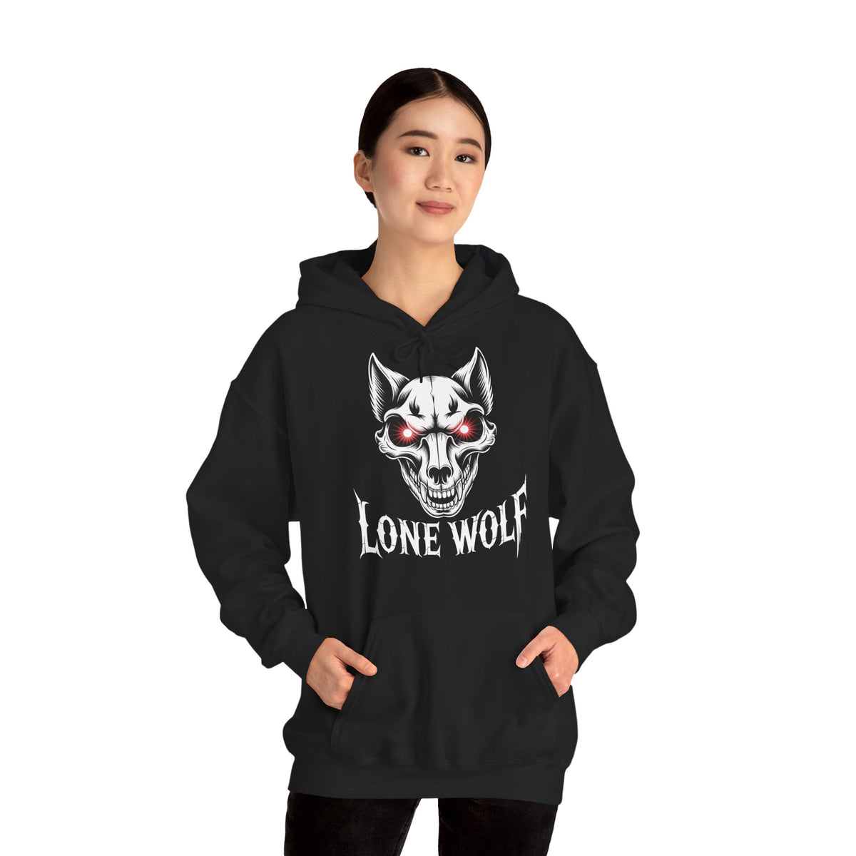 Lone Wolf Hooded Sweatshirt - Gothic Wolf Skull Hoodie with Red Eyes