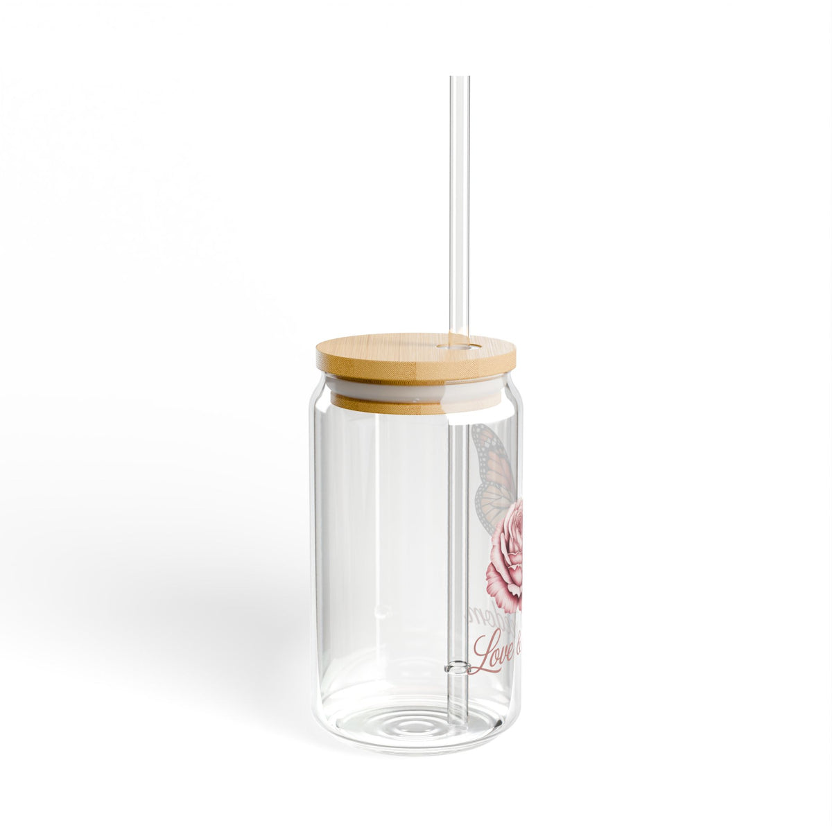 16oz Sipper Glass - 'Love & Freedom' Rose with Butterfly Travel Tumbler