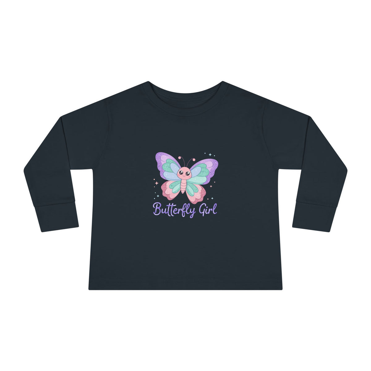 Butterfly Girl Toddler Long Sleeve Tee – Pastel Butterfly Graphic for Little Girls