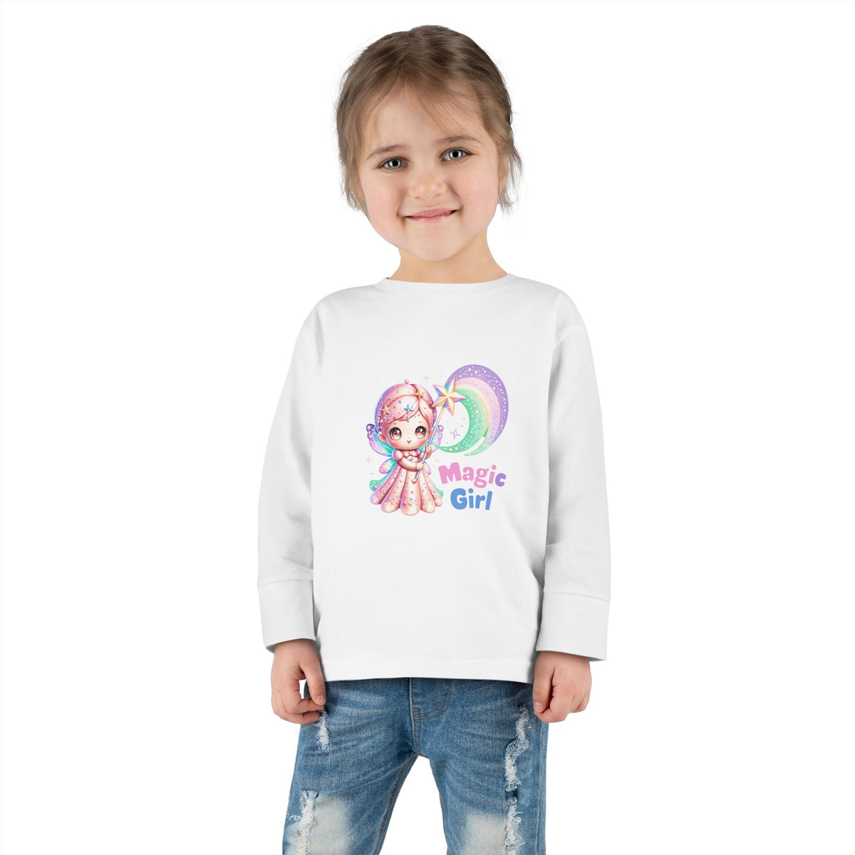 Magic Girl Toddler Long Sleeve Tee — Pastel Rainbow Unicorn Wand Design