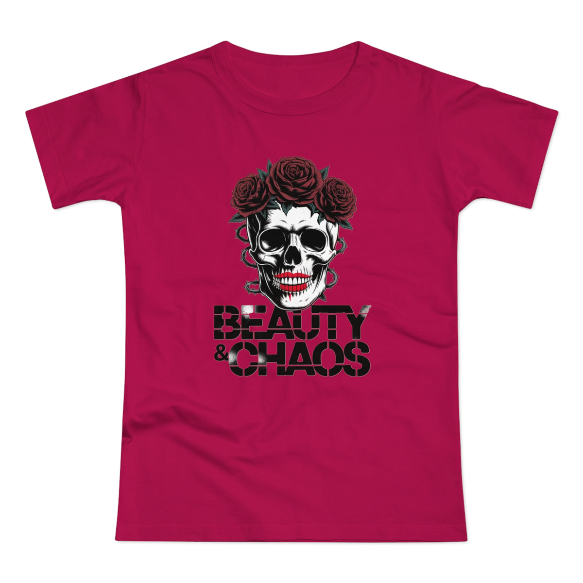 Beauty & Chaos Skull Tee — Floral Rose Skull Women’s T-Shirt