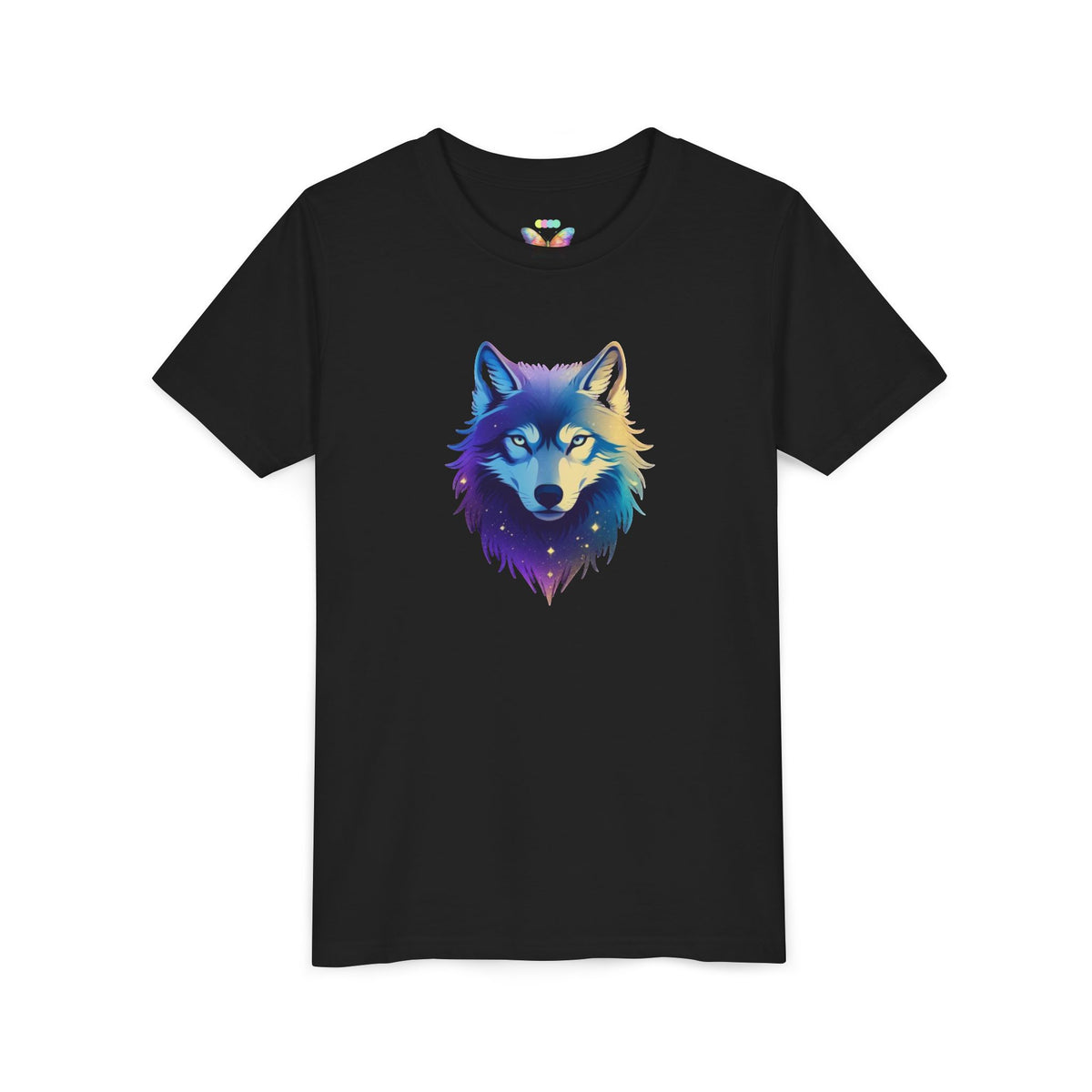 Youth Wolf Graphic Tee — Colorful Cosmic Wolf Head Shirt