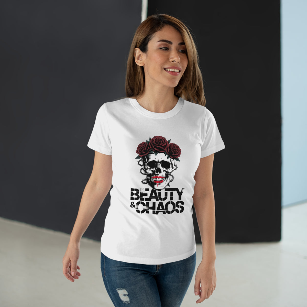 Beauty & Chaos Skull Tee — Floral Rose Skull Women’s T-Shirt