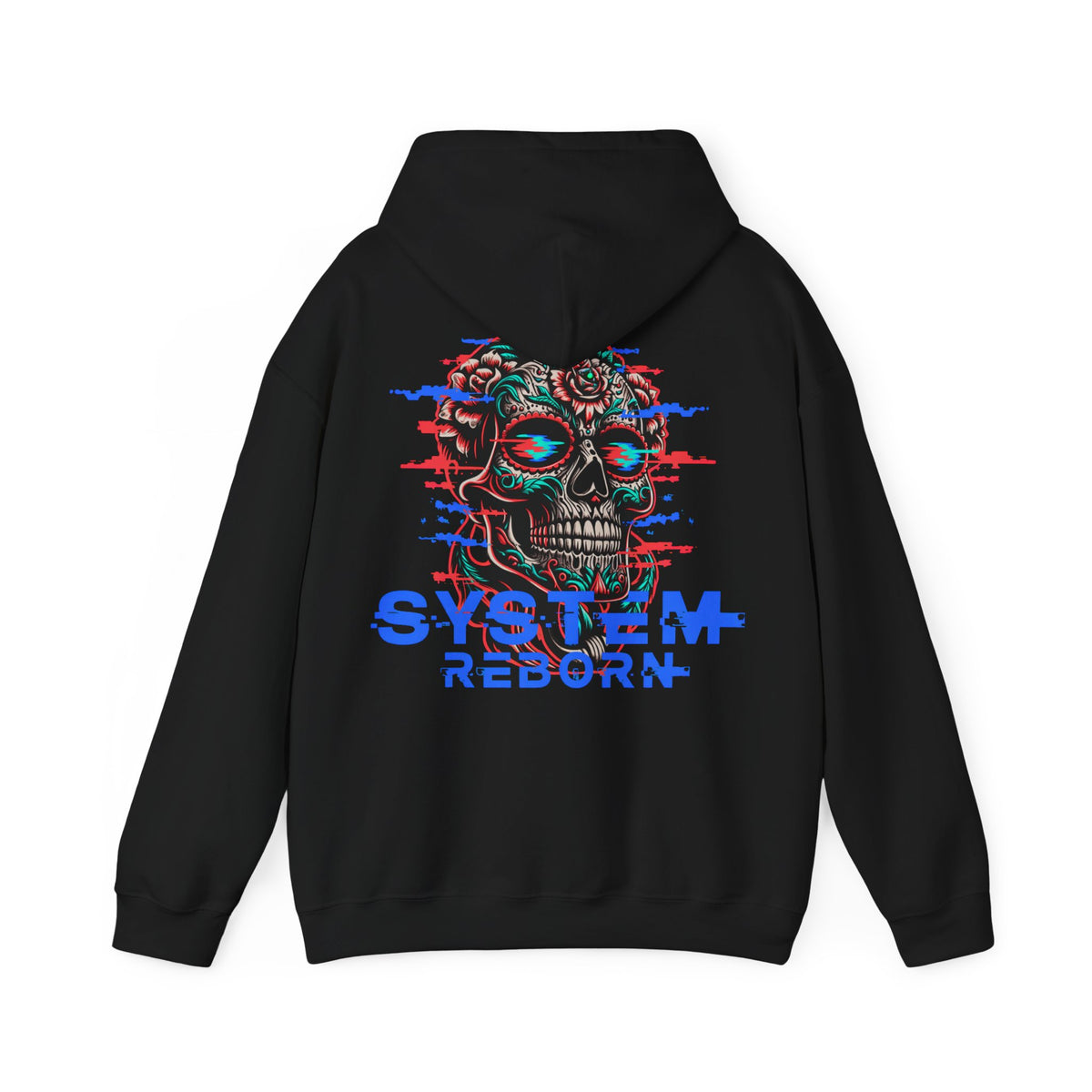 System Reborn Skull Hoodie — Cyberpunk Glitch Graphic Sweatshirt