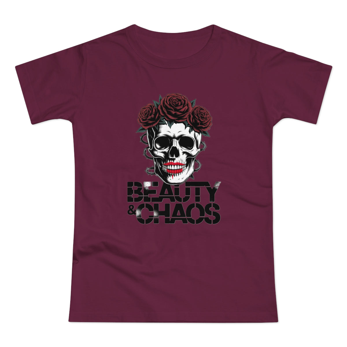 Beauty & Chaos Skull Tee — Floral Rose Skull Women’s T-Shirt