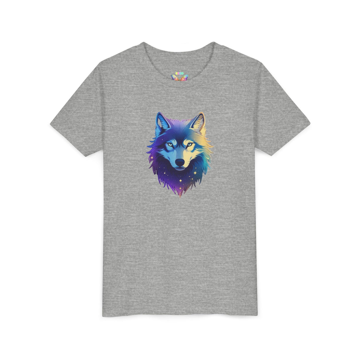 Youth Wolf Graphic Tee — Colorful Cosmic Wolf Head Shirt