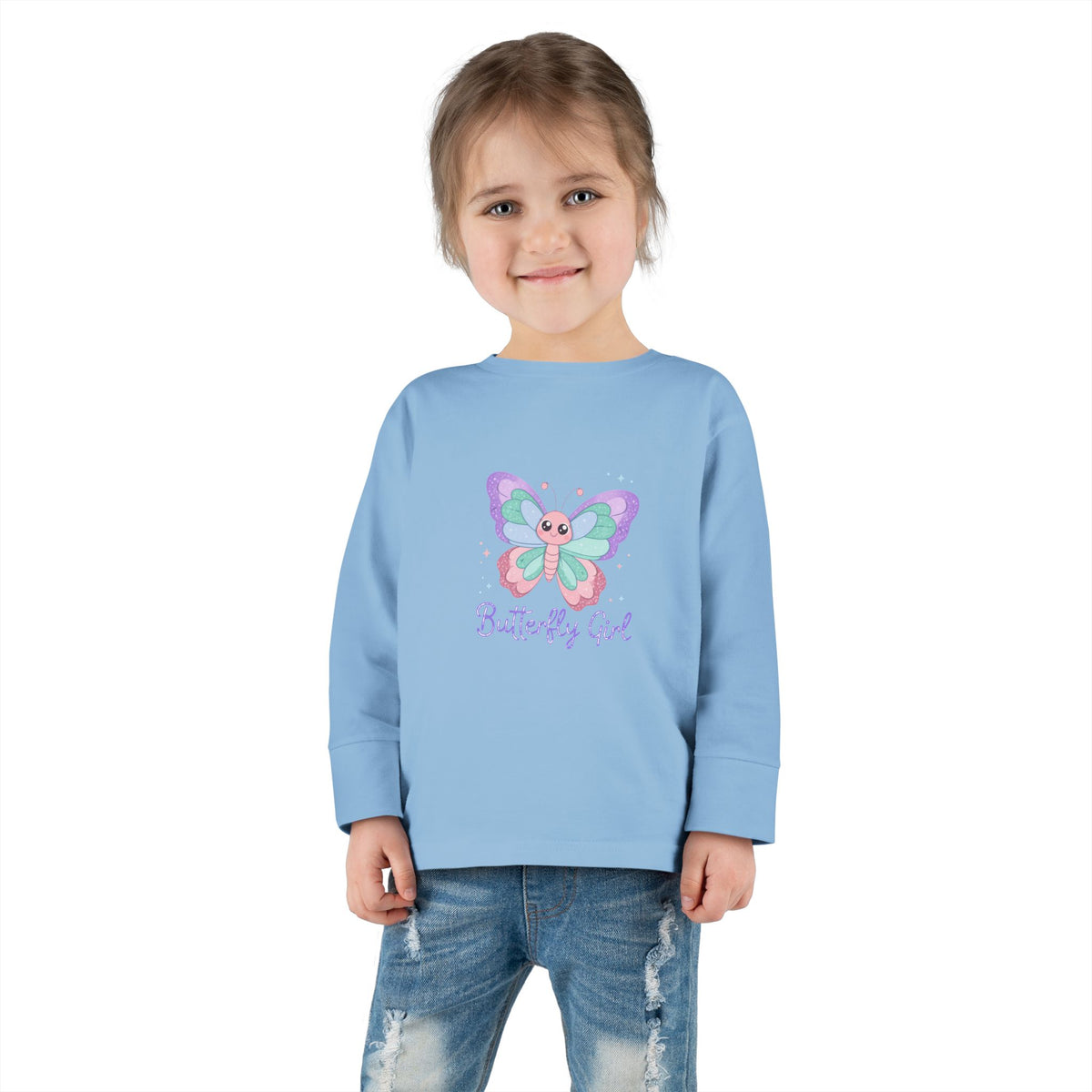 Butterfly Girl Toddler Long Sleeve Tee – Pastel Butterfly Graphic for Little Girls