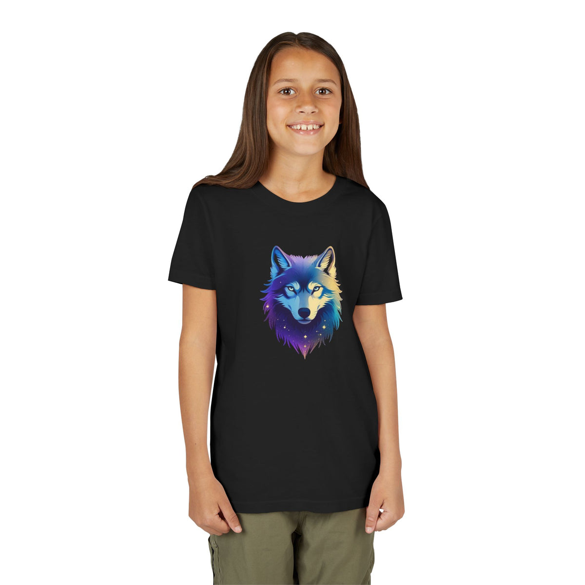 Youth Wolf Graphic Tee — Colorful Cosmic Wolf Head Shirt