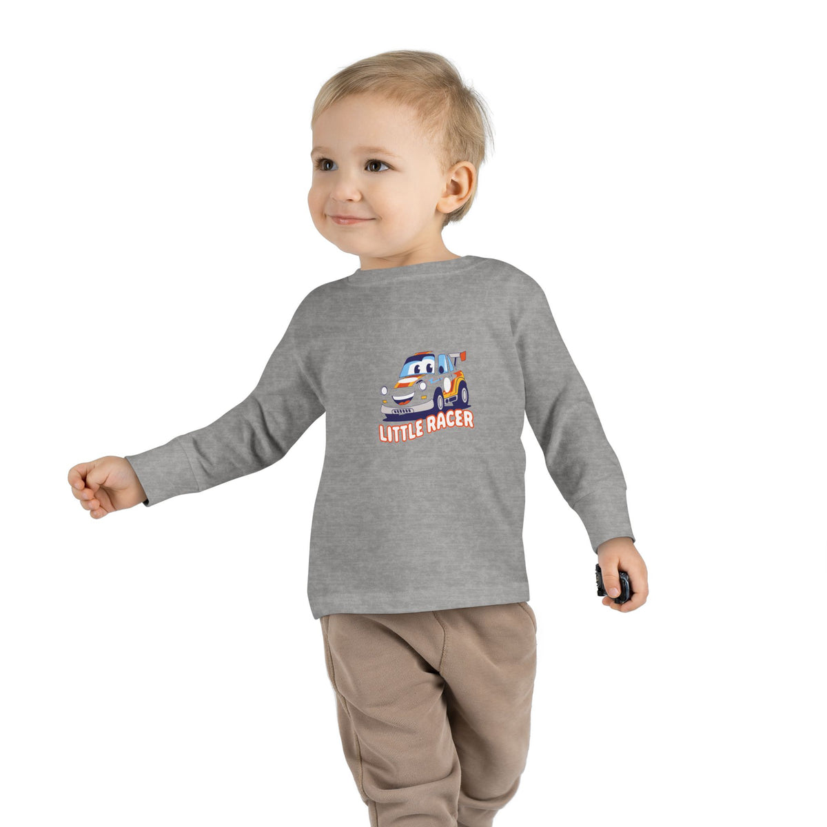 Toddler Long Sleeve Tee - Cute Cartoon Race Car “Lil’ Racer” Kids Shirt