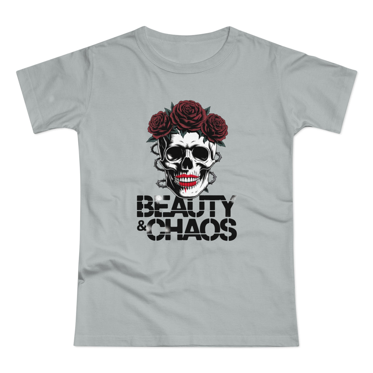 Beauty & Chaos Skull Tee — Floral Rose Skull Women’s T-Shirt