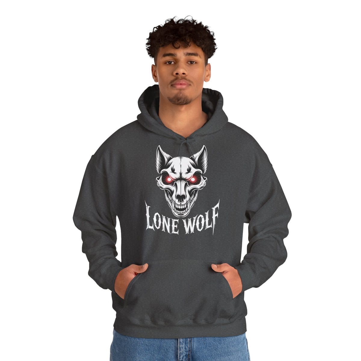Lone Wolf Hooded Sweatshirt - Gothic Wolf Skull Hoodie with Red Eyes