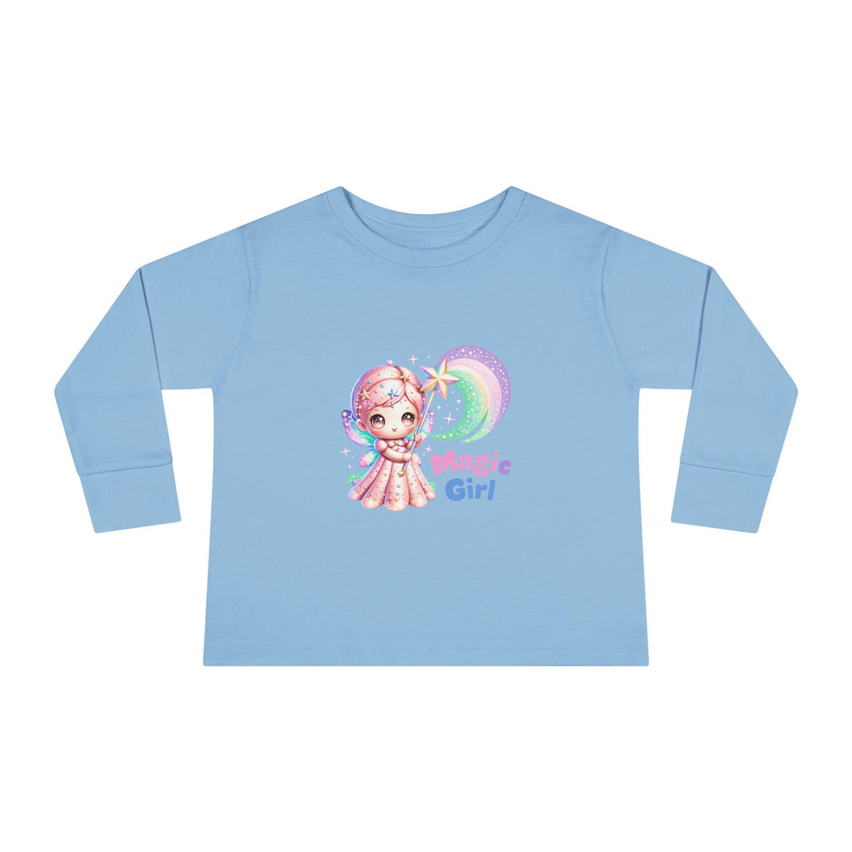 Magic Girl Toddler Long Sleeve Tee — Pastel Rainbow Unicorn Wand Design