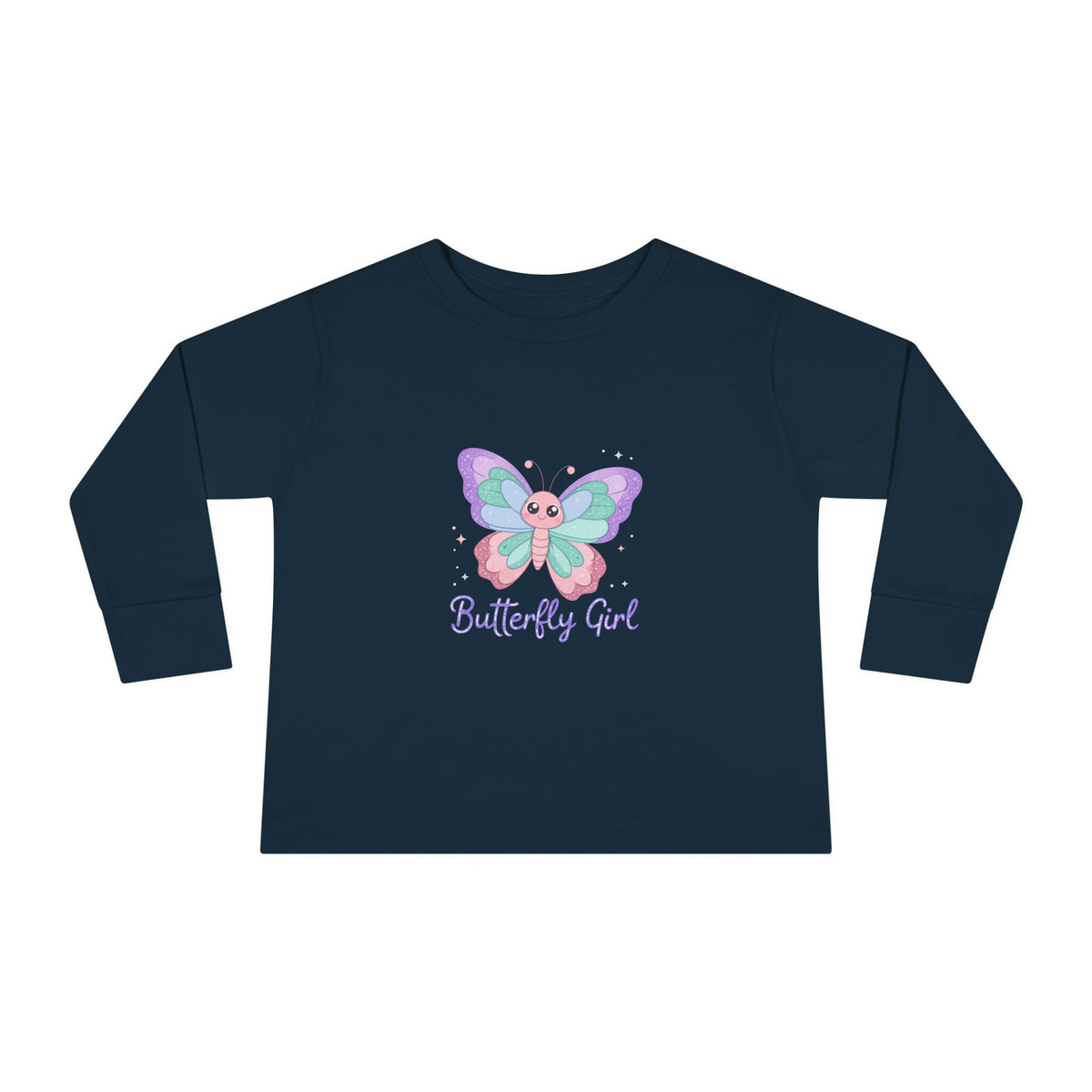 Butterfly Girl Toddler Long Sleeve Tee – Pastel Butterfly Graphic for Little Girls