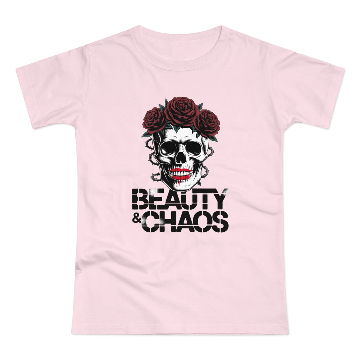 Beauty & Chaos Skull Tee — Floral Rose Skull Women’s T-Shirt