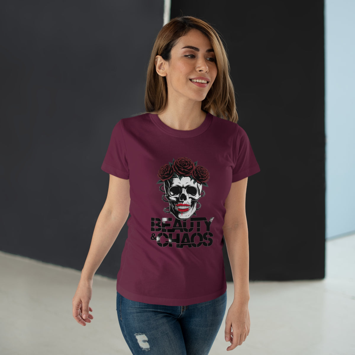 Beauty & Chaos Skull Tee — Floral Rose Skull Women’s T-Shirt