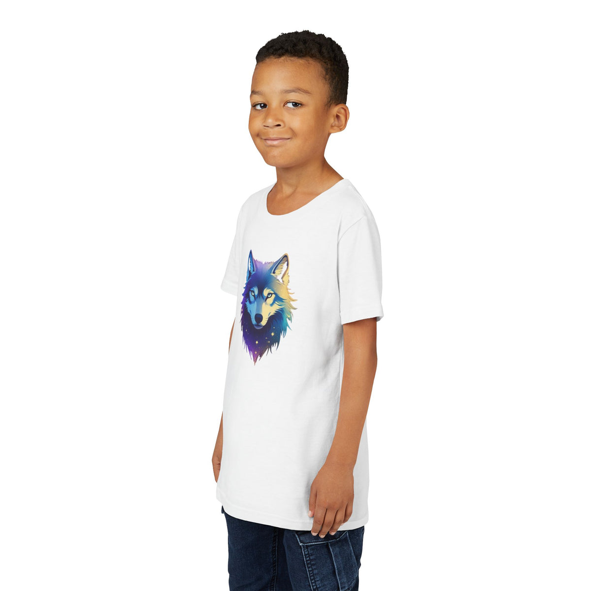 Youth Wolf Graphic Tee — Colorful Cosmic Wolf Head Shirt