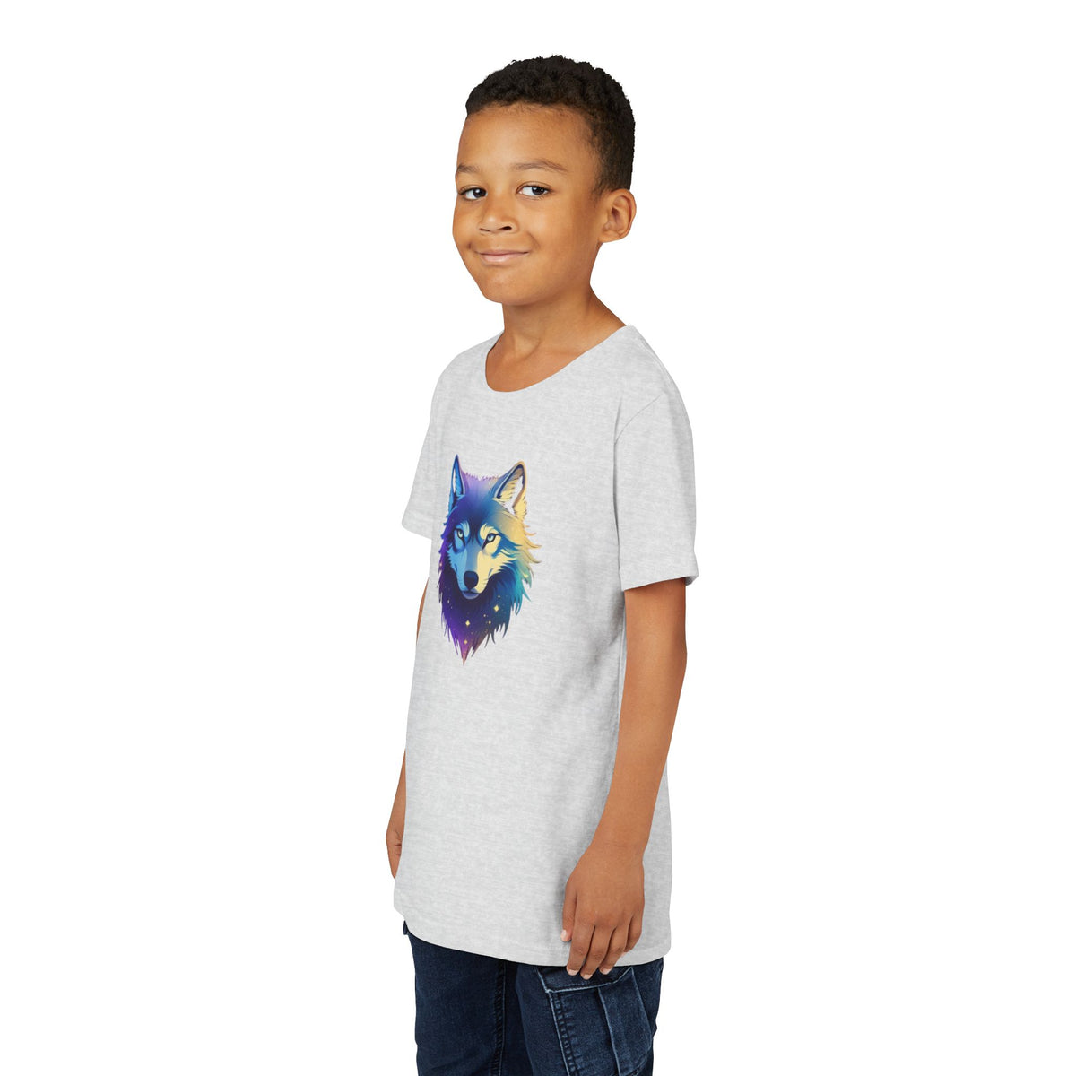Youth Wolf Graphic Tee — Colorful Cosmic Wolf Head Shirt