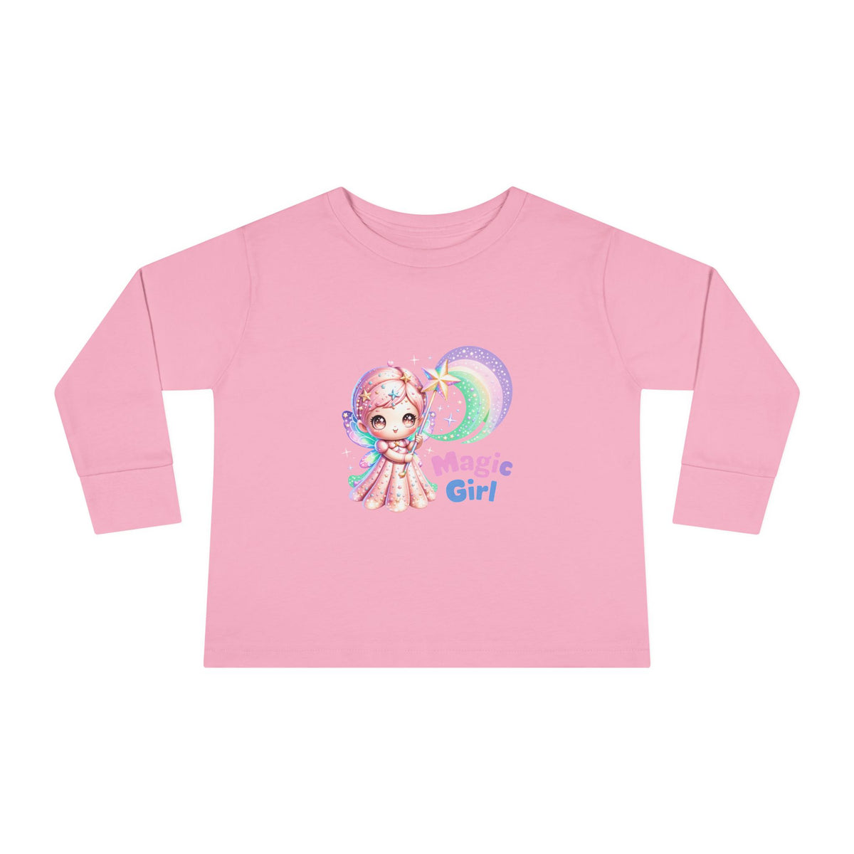 Magic Girl Toddler Long Sleeve Tee — Pastel Rainbow Unicorn Wand Design